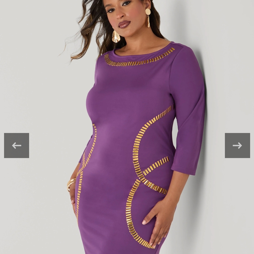 Plus Size 30-32 Elegant Purple Dress with Gold Accents